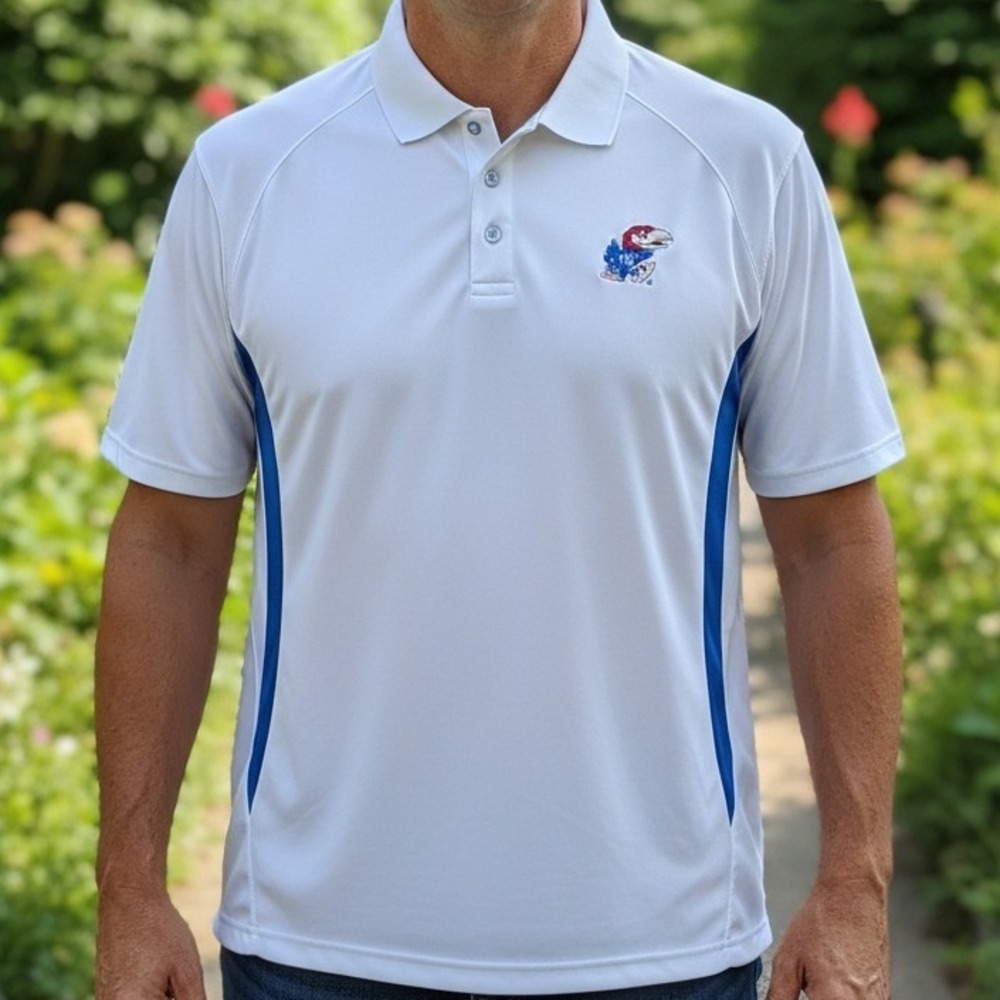 P2 Kansas Jayhawks NCAA Performance Polo Shirt White‎ Blue Mens 2XL